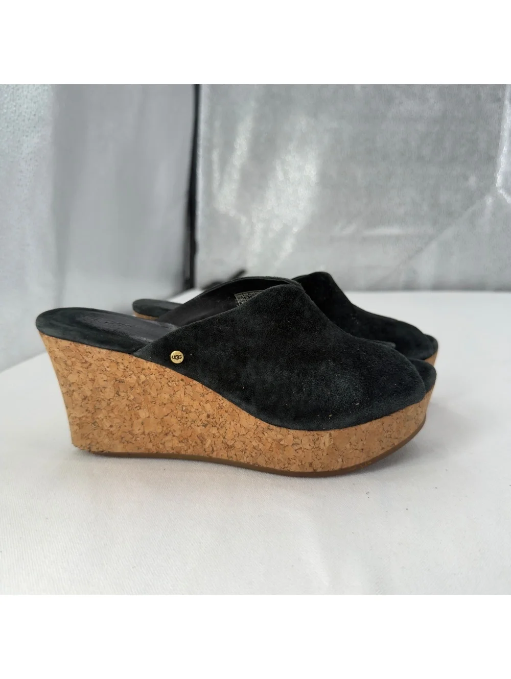 UGG Dominique Leather Slides Sandals 6 Wedge Suede Cork Peep-Toe Platform Black
